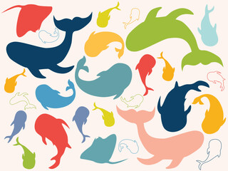 sea animals. Ocean animals outline. Multicolored hand drawn stickers, sharks, whales, fish, rays.