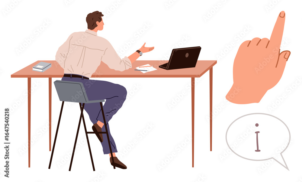 Poster man seated at desk with a laptop, gesturing in discussion, and a floating pointing hand with an info