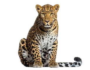 Naklejka premium Leopard Sitting Gracefully with Head Turned, Front 34 View, Transparent Background