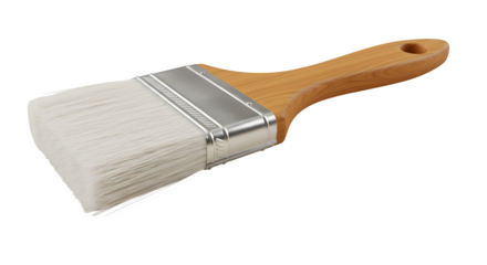 Paintbrush shows clean, white bristles and smooth, wooden handle. Use this high-quality product photo for advertising, DIY blogs, or home improvement websites.