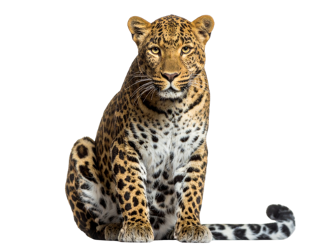 Leopard Sitting Gracefully with Head Turned, Front 34 View, Transparent Background