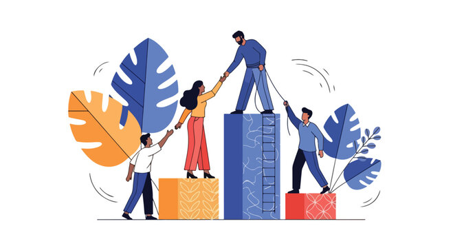 Illustration of diverse team members helping each other climb bar charts, symbolizing teamwork, support, leadership, business growth, cooperation, and achieving professional success together