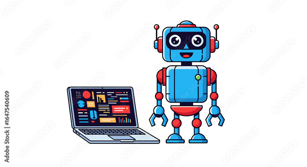 Poster a friendly robot stands beside a laptop displaying colorful data.