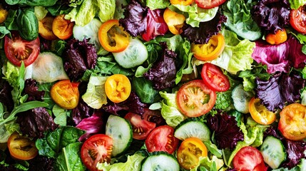 A vibrant salad of fresh vegetables and colorful tomatoes, cucumbers, and lettuce, arranged in a colorful, healthy, and appetizing display.