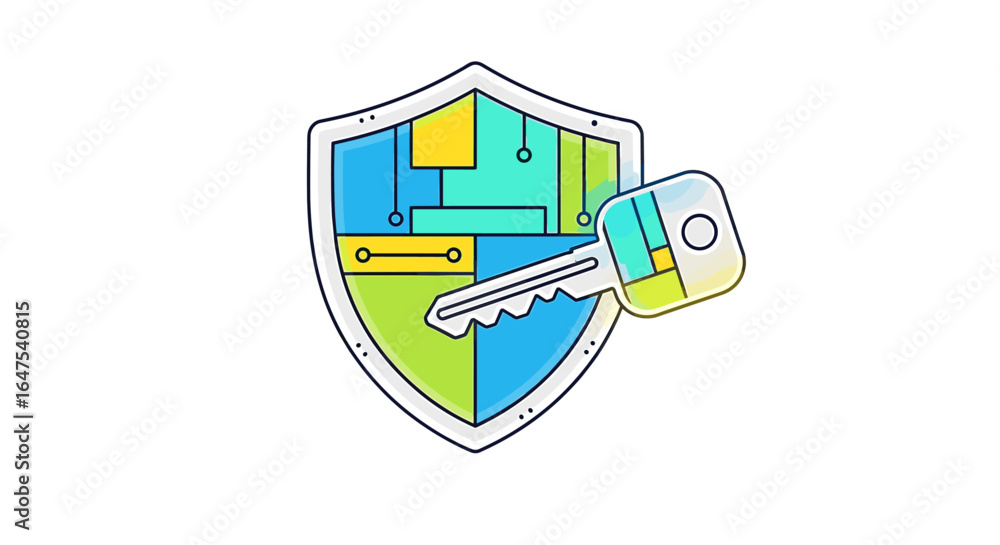 Aufkleber stylized shield icon with circuit board design and a key, representing security and access.