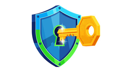 A vibrant shield with a key inserted, symbolizing security and access.
