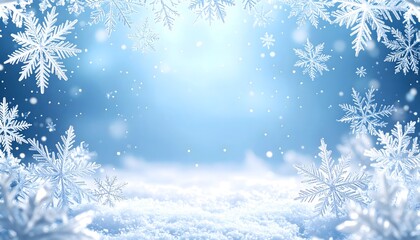 Serene blue winter background with a frame of intricate, symmetrical snowflakes falling onto a soft, snowy landscape