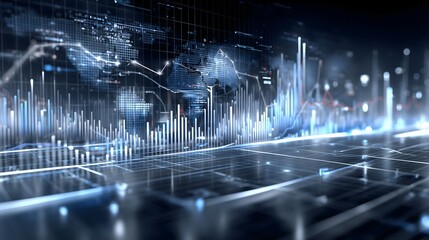 Futuristic financial grid with AI data analysis, global map overlays, glowing charts, metallic network lines, floating bar and line graphs, center-focused layout in cool blue and silver tones