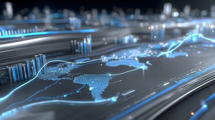 Futuristic financial grid with AI data analysis, global map overlays, glowing charts, metallic network lines, floating bar and line graphs, center-focused layout in cool blue and silver tones