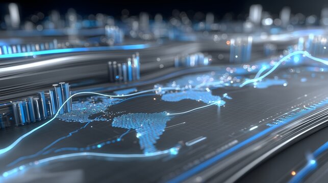 Futuristic financial grid with AI data analysis, global map overlays, glowing charts, metallic network lines, floating bar and line graphs, center-focused layout in cool blue and silver tones