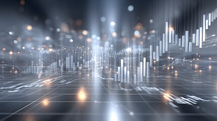 Futuristic financial grid with data visualization elements, floating bar and line graphs, abstract data streams, metallic network lines, center-focused layout in cool blue and silver tones