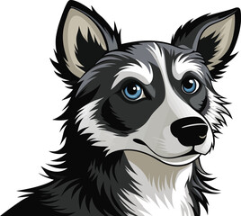A cheerful black-and-white cartoon dog, border collie style, stands smiling with a wagging tail