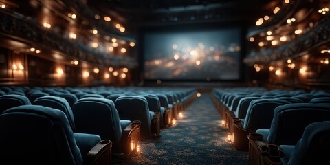 Empty theater with illuminated seats and a large screen showing distant lights during evening hours