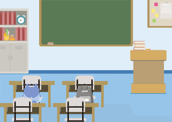 Vector Design of Classroom Interior with Furniture and Blackboard.