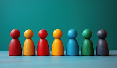 Colorful wooden figures in various shapes and sizes standing together on emerald green background, representing diversity, unity, and creativity for children's play and learning