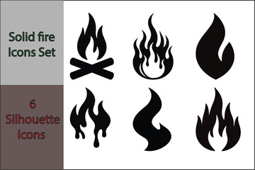 Set of six silhouette flame icons isolated on white background