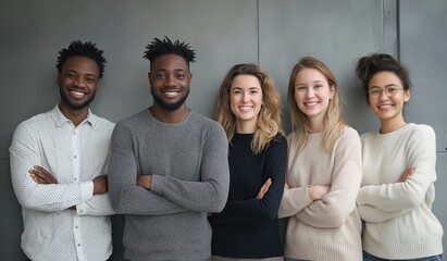 Diverse young professionals smiling together with crossed arms against grey wall, showcasing teamwork, friendship, and multicultural unity in a relaxed office environment
