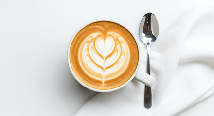 This overhead shot showcases a creamy latte with delicate latte art resembling a heart A shiny silver spoon rests beside the cup all presented on a clean white background