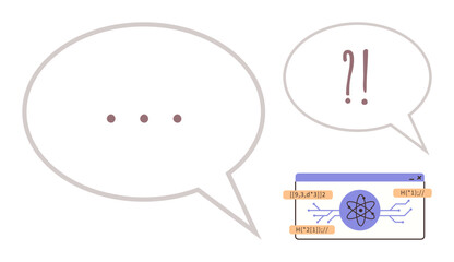 Speech bubbles with ellipses and punctuation beside atomic diagram and chemical formula. Ideal for communication, science, brainstorming, problem-solving, education, creativity, simple flat metaphor