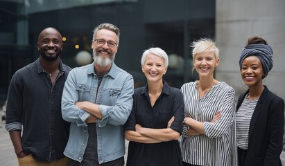 Diverse group of business professionals smiling in front of office building, showcasing modern workplace diversity with smart casual attire and creative energy