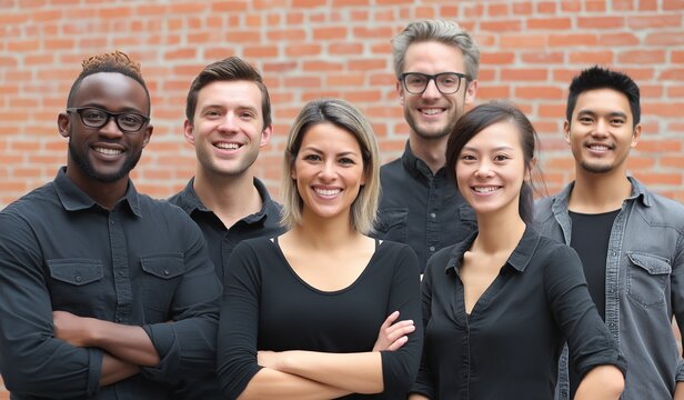Diverse team of six professionals in black casualwear smiling against urban brick wall, showcasing multicultural unity and modern workplace camaraderie