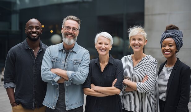 Diverse group of business professionals smiling in front of office building, showcasing modern workplace diversity with smart casual attire and creative energy