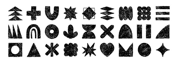 Black shapes and brutal figures with crayon pencil rough texture