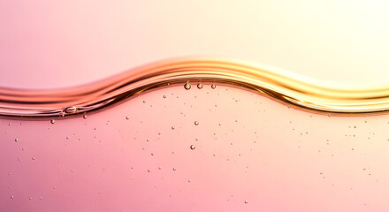A close-up view of a gently undulating liquid surface showcasing a spectrum of warm colors from pink to gold Tiny bubbles are dispersed within the fluid adding depth and texture