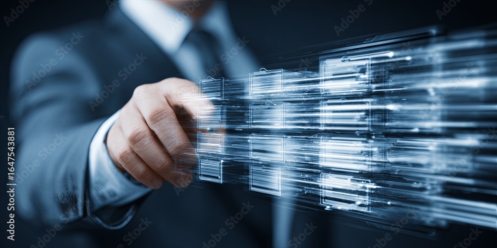 Poster businessman touching digital interface with futuristic technology and abstract data flow presentatio