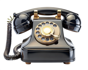 Black vintage rotary telephone with gold accents and coiled cord isolated on a transparent background