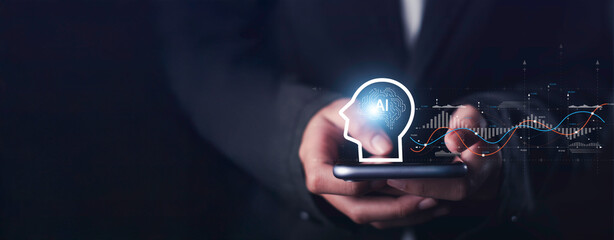AI finance, artificial intelligence, fintech, and mobile data analytics with holographic financial charts on smartphone for modern investment strategy and digital business solutions.