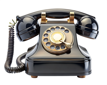 Black vintage rotary telephone with gold accents and coiled cord isolated on a transparent background