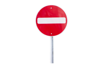 Do Not Enter or no entry sign made of symbol white triangular aluminum, red isolated on cutout PNG or transparent background. Rules for road. Regulatory signs for vehicular traffic sign.