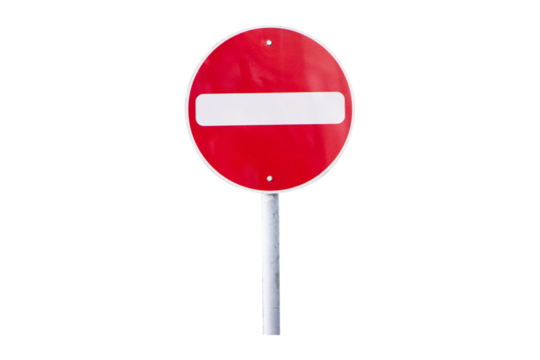Do Not Enter or no entry sign made of symbol white triangular aluminum, red isolated on cutout PNG or transparent background. Rules for road. Regulatory signs for vehicular traffic sign.