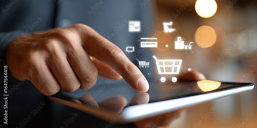 Poster hand using tablet with e-commerce icons and shopping elements in a modern digital environment