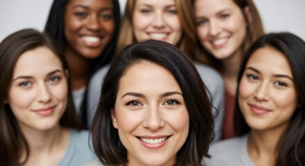 Obraz premium Portrait of a beautiful young woman smiling with a diverse group of female friends in the background. Concept of unity, diversity, and empowerment.