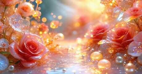 Floral scene. Roses bloom amidst sparkling light, pearls, water droplets. Soft colors create dreamy, ethereal atmosphere. Beautiful, delicate details abound.