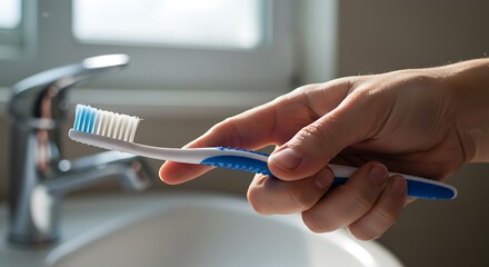 Close-up of a person's hand holding a blue and white toothbrush over a bathroom sink, emphasizing daily dental hygiene and morning routine for a healthy lifestyle.