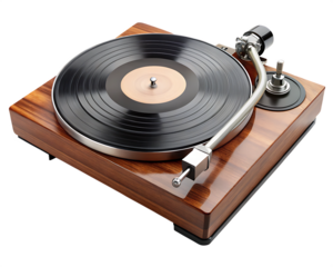 Detailed 3d render of a wooden record player with black vinyl disc isolated on a transparent background
