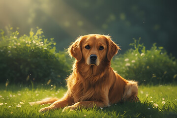 Fototapeta premium Golden Retriever Relaxing in a Sunlit Meadow Surrounded by Lush Greenery