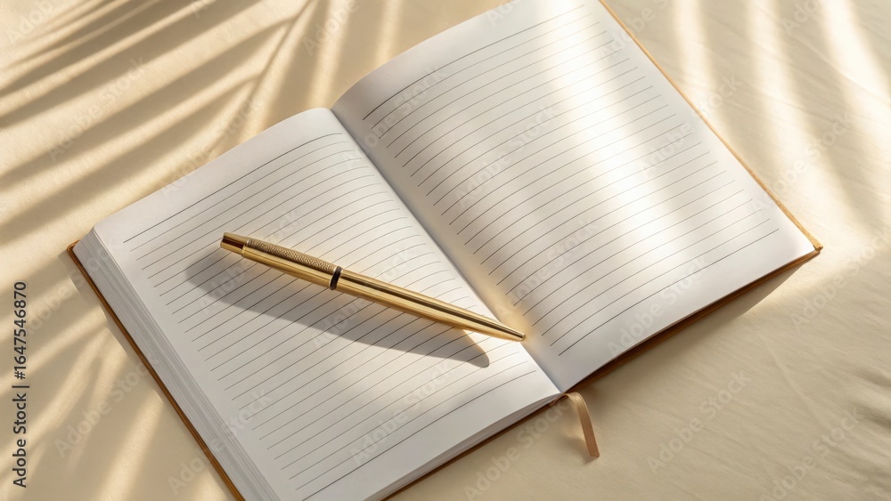 Poster open notebook with lined pages and a golden pen resting on it under leaf shadow patterns on beige su