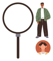 Magnifying glass beside a standing man and a circular portrait emphasizing research, focus, recruitment, analysis, observation, identity search, exploration. Ideal for simple flat metaphor