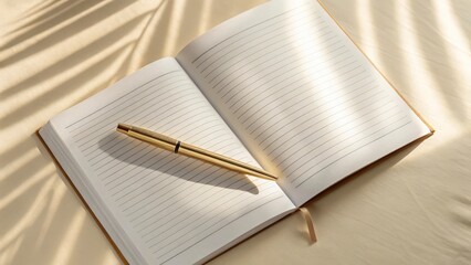 Open notebook with lined pages and a golden pen resting on it under leaf shadow patterns on beige surface