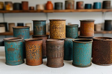 Decorated metal tins, various colors and patterns, arranged on a white surface, against a backdrop of pottery