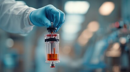 Midrange footage of a nuclear medicine professional loading a Ga68 generator emphasizing precise hand movements and the generators details against blurred context.