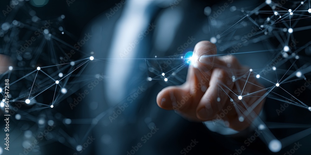 Poster man reaching out to connect with digital network representing technology and innovation in modern co