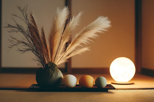 A serene still life featuring pampas grass in a vase, decorative balls, and a warm glowing lamp, creating a minimalist and peaceful atmosphere.