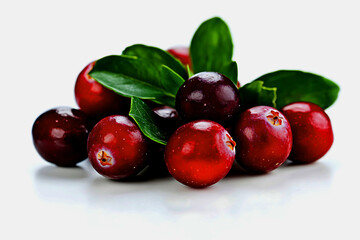 Fresh ripe cranberries with green leaves on a white background