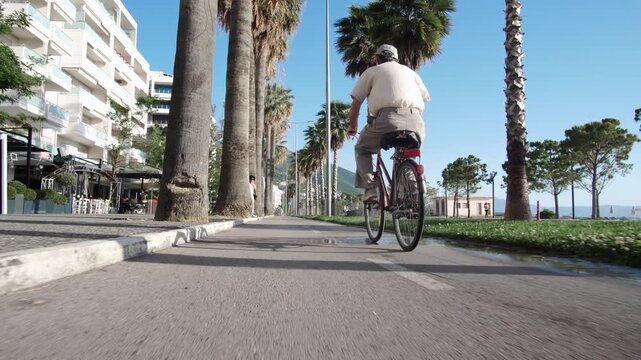 Elderly cyclist riding through palm-lined promenade near the coast in Vlore, Albania