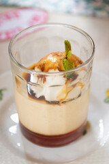 Delicious dessert in a glass featuring creamy pudding, caramel, whipped cream, and a mint garnish for a sweet treat.